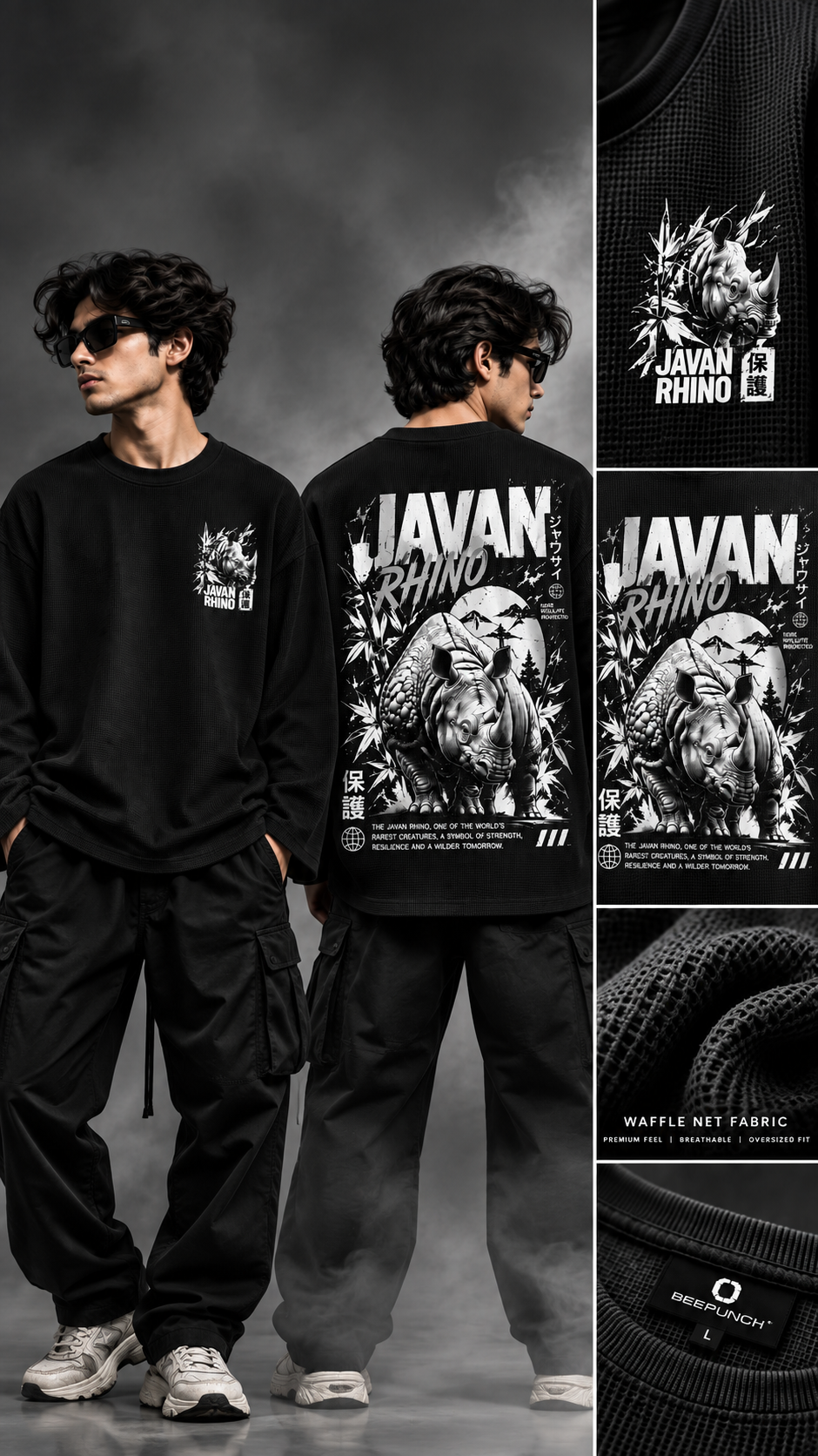 BeePunch Javan Rhino Waffle Full Sleeve T-Shirt – Black
