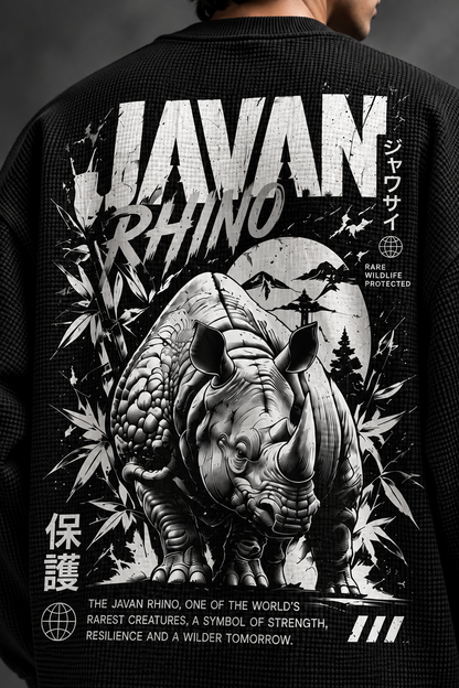 BeePunch Javan Rhino Waffle Full Sleeve T-Shirt – Black