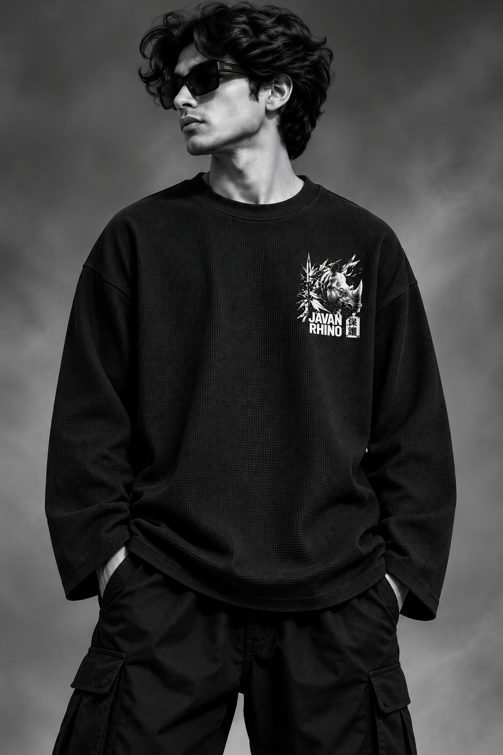 BeePunch Javan Rhino Waffle Full Sleeve T-Shirt – Black