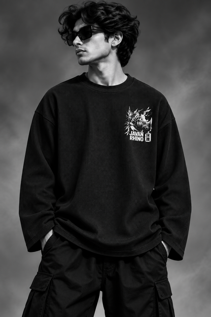 BeePunch Javan Rhino Waffle Full Sleeve T-Shirt – Black
