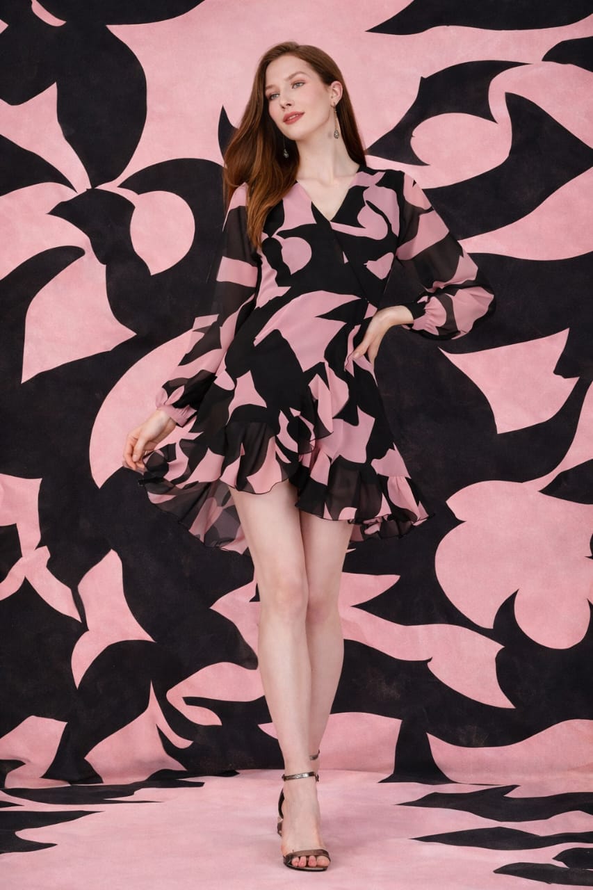 Elegant Pink & Black Abstract Print Fit & Flare Dress
