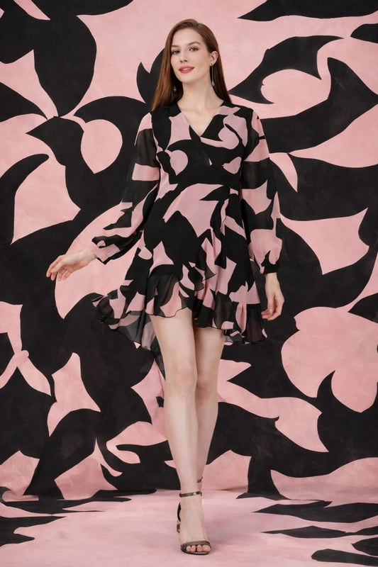 Elegant Pink & Black Abstract Print Fit & Flare Dress