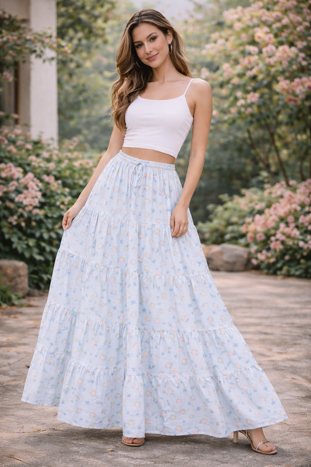 Pastel Blue Floral Tiered Maxi Skirt – Free Size, Elastic Waist, Flowing Fit