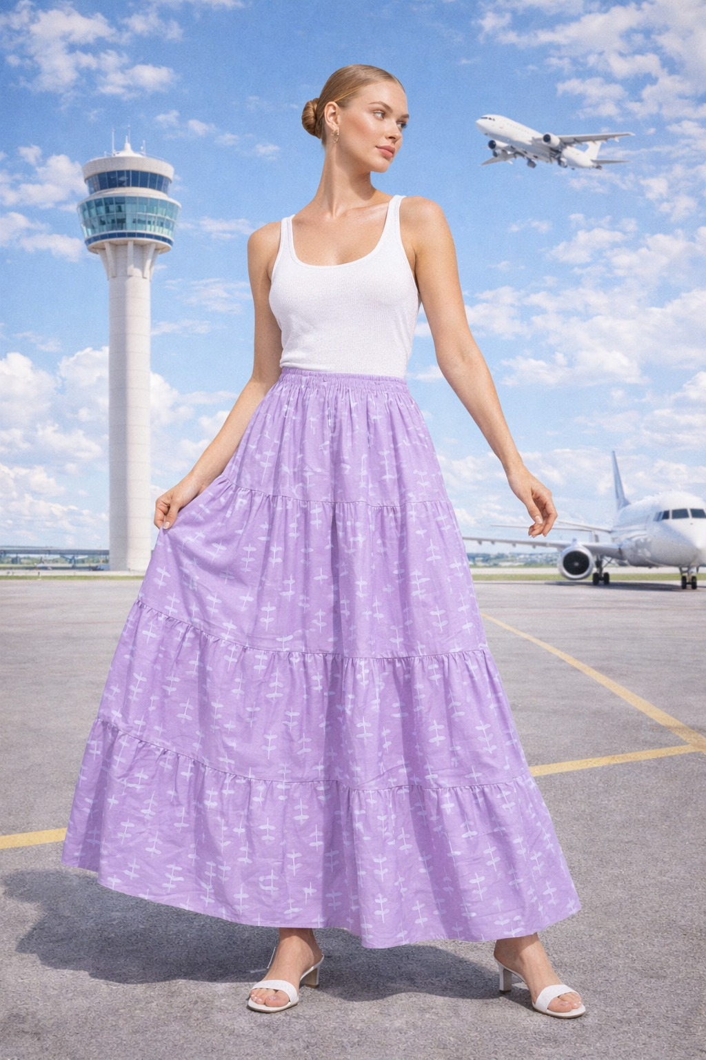 Women’s Lavender Airplane Print Tiered Maxi Skirt