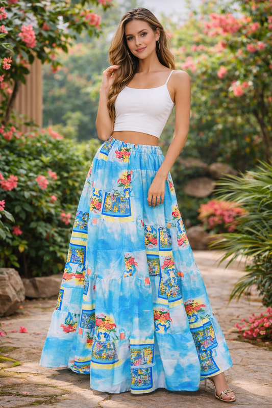 Celestial Blue Art Print Flowing Maxi Skirt
