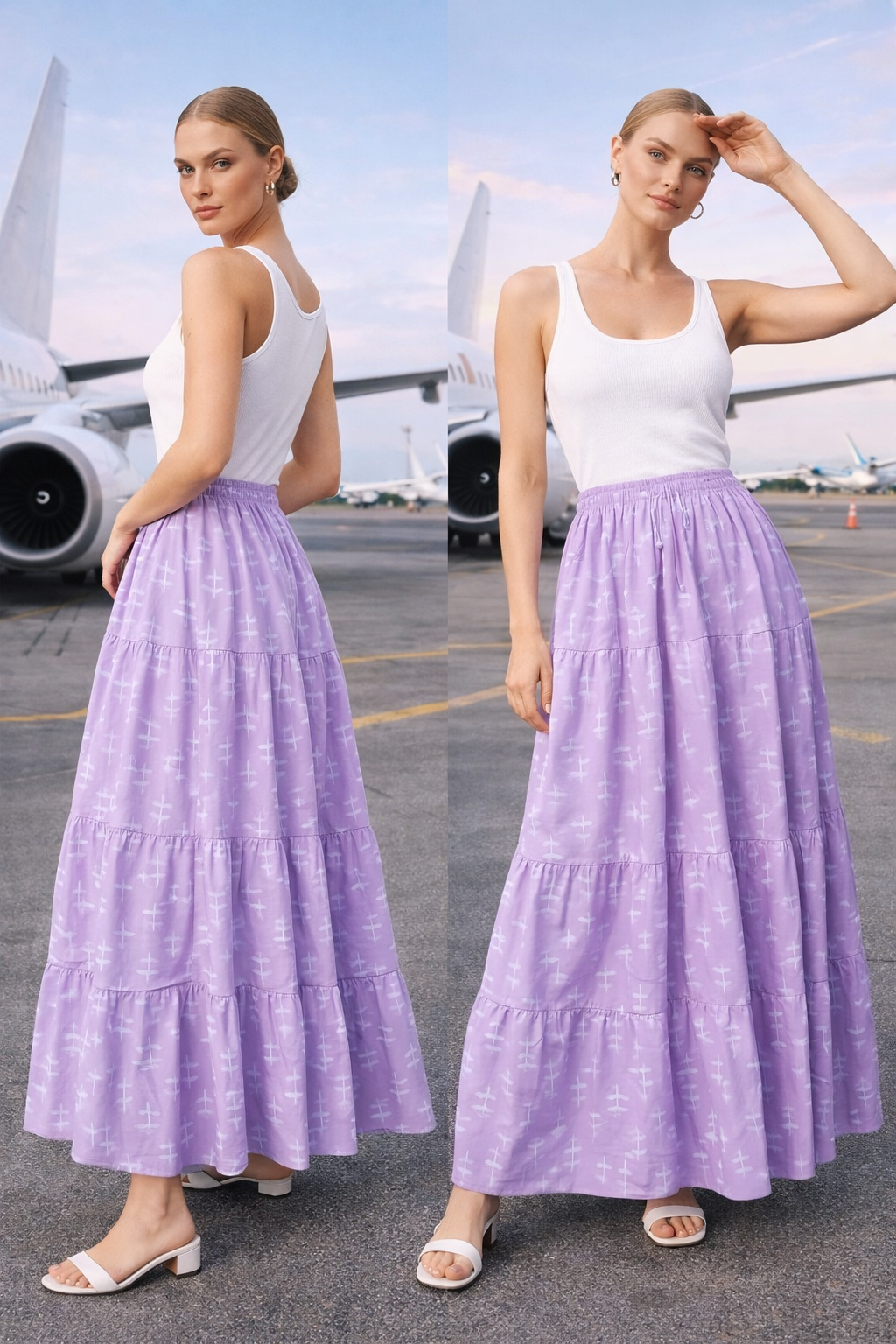 Women’s Lavender Airplane Print Tiered Maxi Skirt