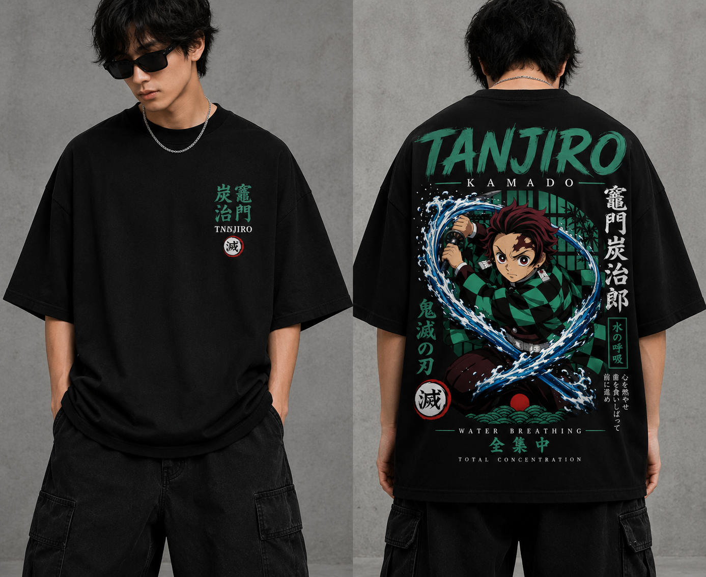 BeePunch Tanjiro Kamado Water Breathing Oversized Anime T-Shirt