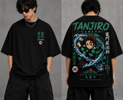 BeePunch Tanjiro Kamado Water Breathing Oversized Anime T-Shirt
