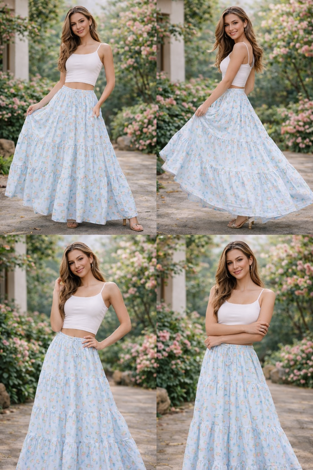 Pastel Blue Floral Tiered Maxi Skirt – Free Size, Elastic Waist, Flowing Fit