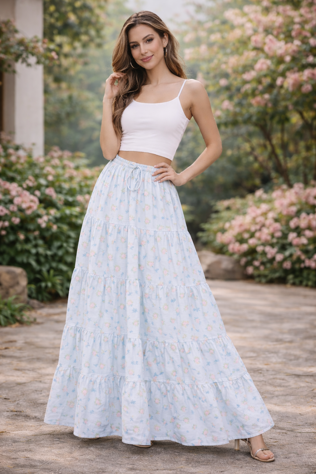 Pastel Blue Floral Tiered Maxi Skirt – Free Size, Elastic Waist, Flowing Fit