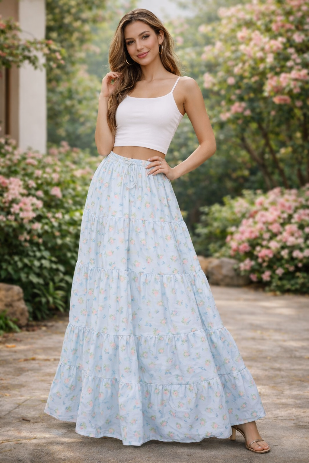 Pastel Blue Floral Tiered Maxi Skirt – Free Size, Elastic Waist, Flowing Fit