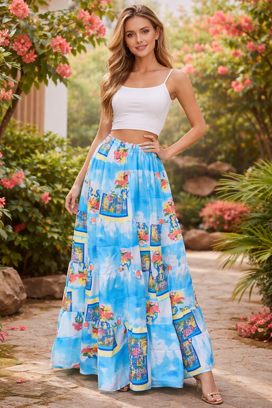 Celestial Blue Art Print Flowing Maxi Skirt